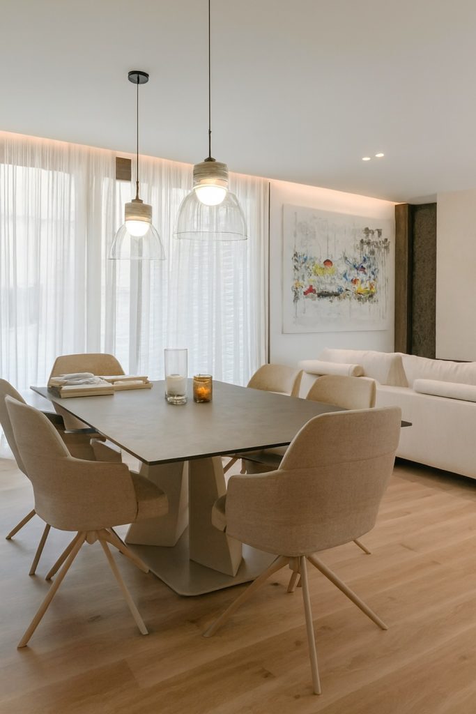 Espacio de comedor y salón integrado en vivienda en Manacor. Proyecto de interiorismo con iluminación suspendida, tonos neutros y materiales naturales.