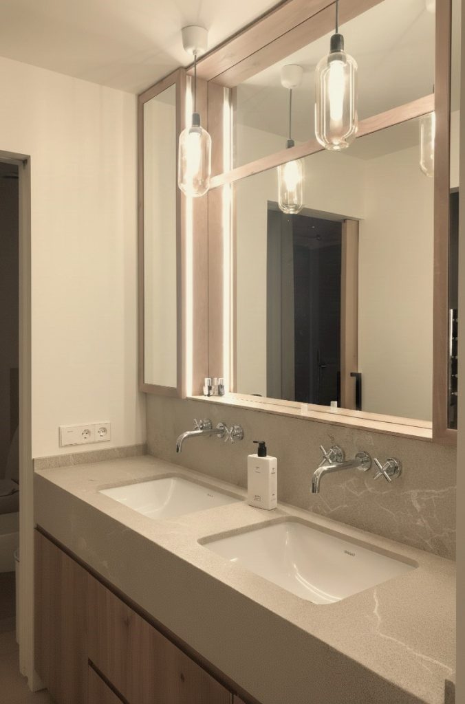 Baño moderno con lavabo suspendido, grifería empotrada y lámparas colgantes sobre espejo en vivienda reformada